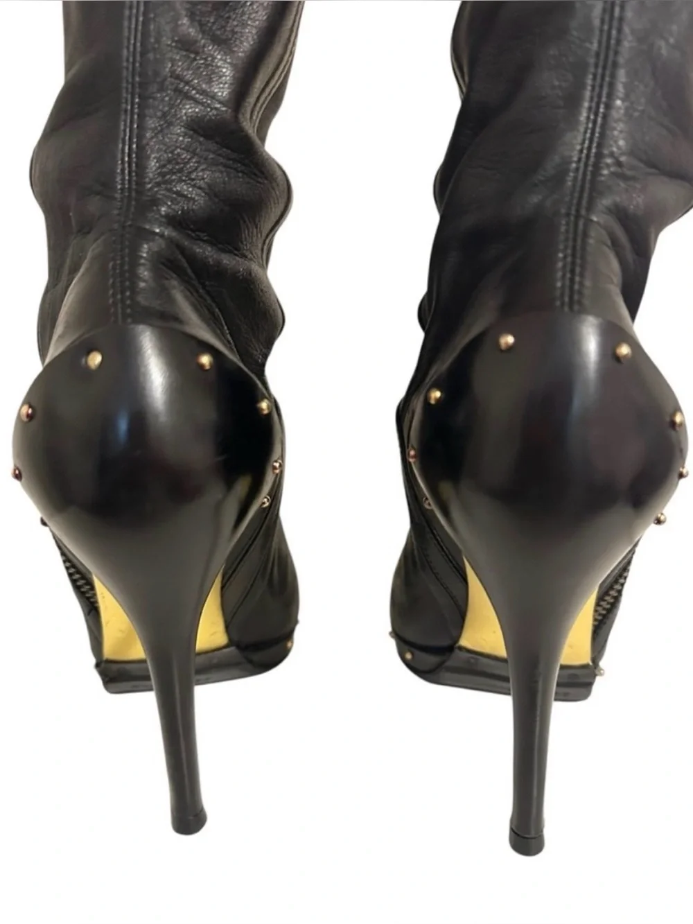 GUCCI TOM FORD FW 2003 Black Nappa Leather Studded OTK Thigh High Boots 37.5
